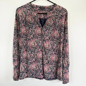 Lucky Brand Bohemian Paisley Print henley 1/2 Button Front Long Sleeve Blouse S